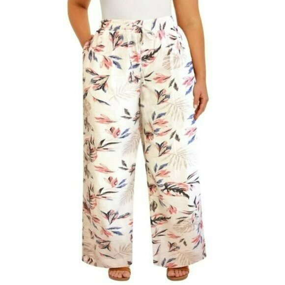 NWT Briggs Women's Wide Leg Lightweight Linen Blend 2 Pockets Floral Pants - Picture 8 of 10